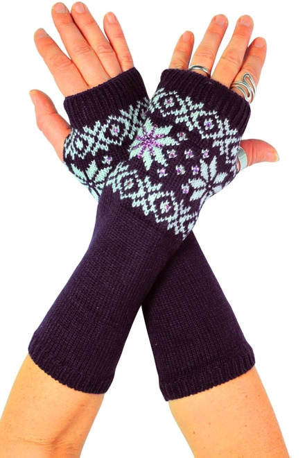 Snow flake pletené návleky na ruce s kamínky fialová