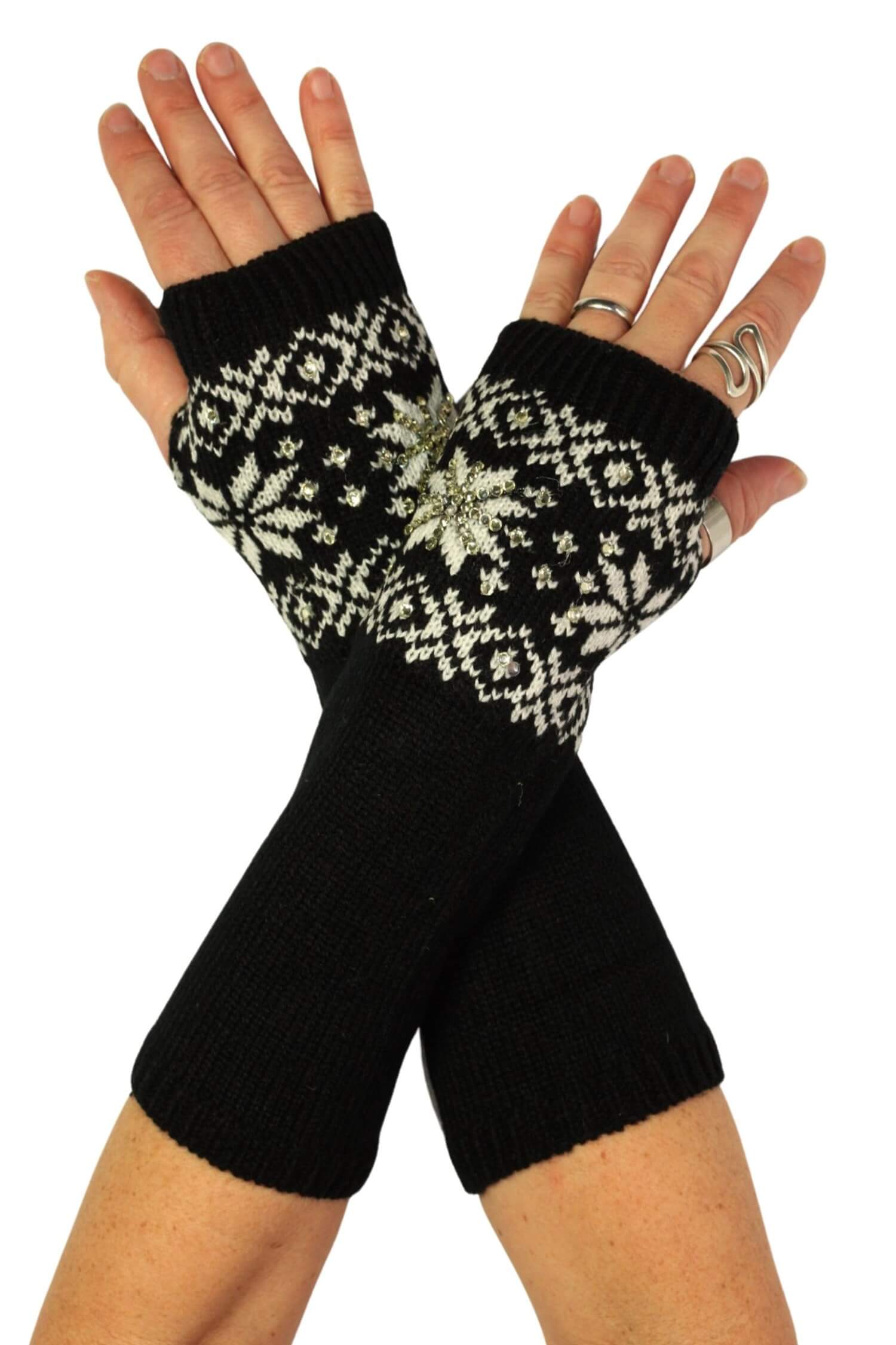 Snow flake pletené návleky na ruce s kamínky černá