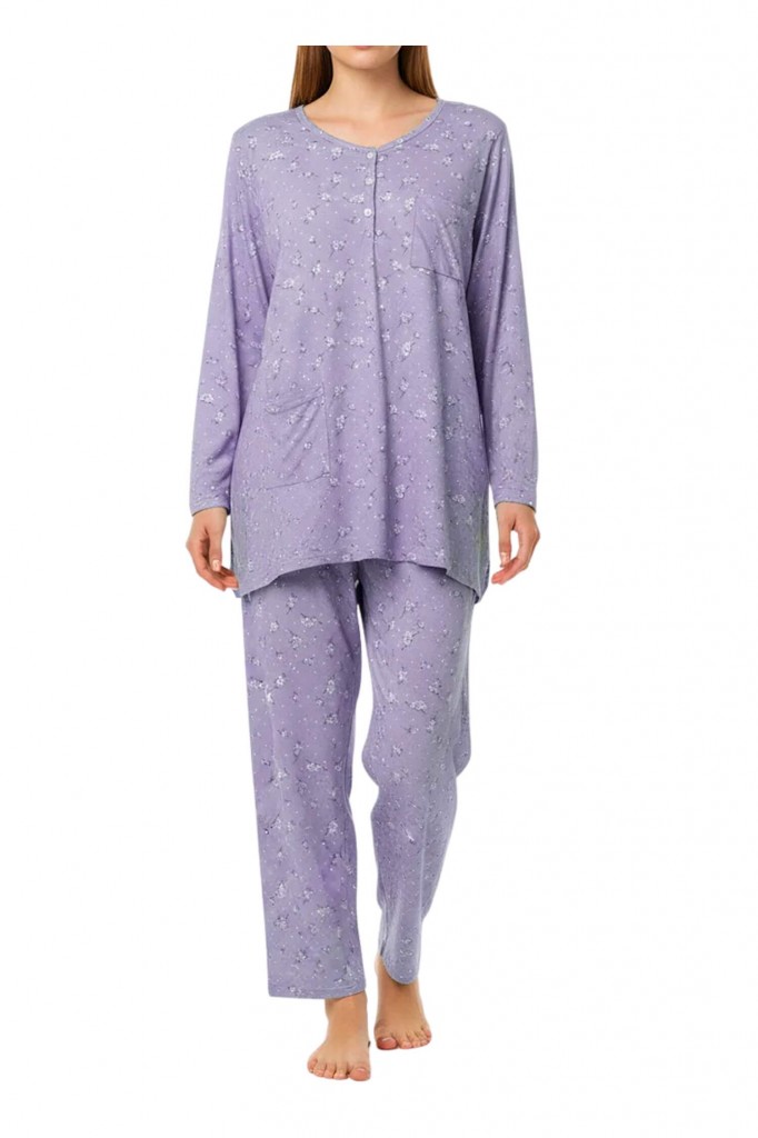 Dámské bavlněné pyžamo s kapsou – dlouhý kabátek Linda - 2315 fialová 3XL